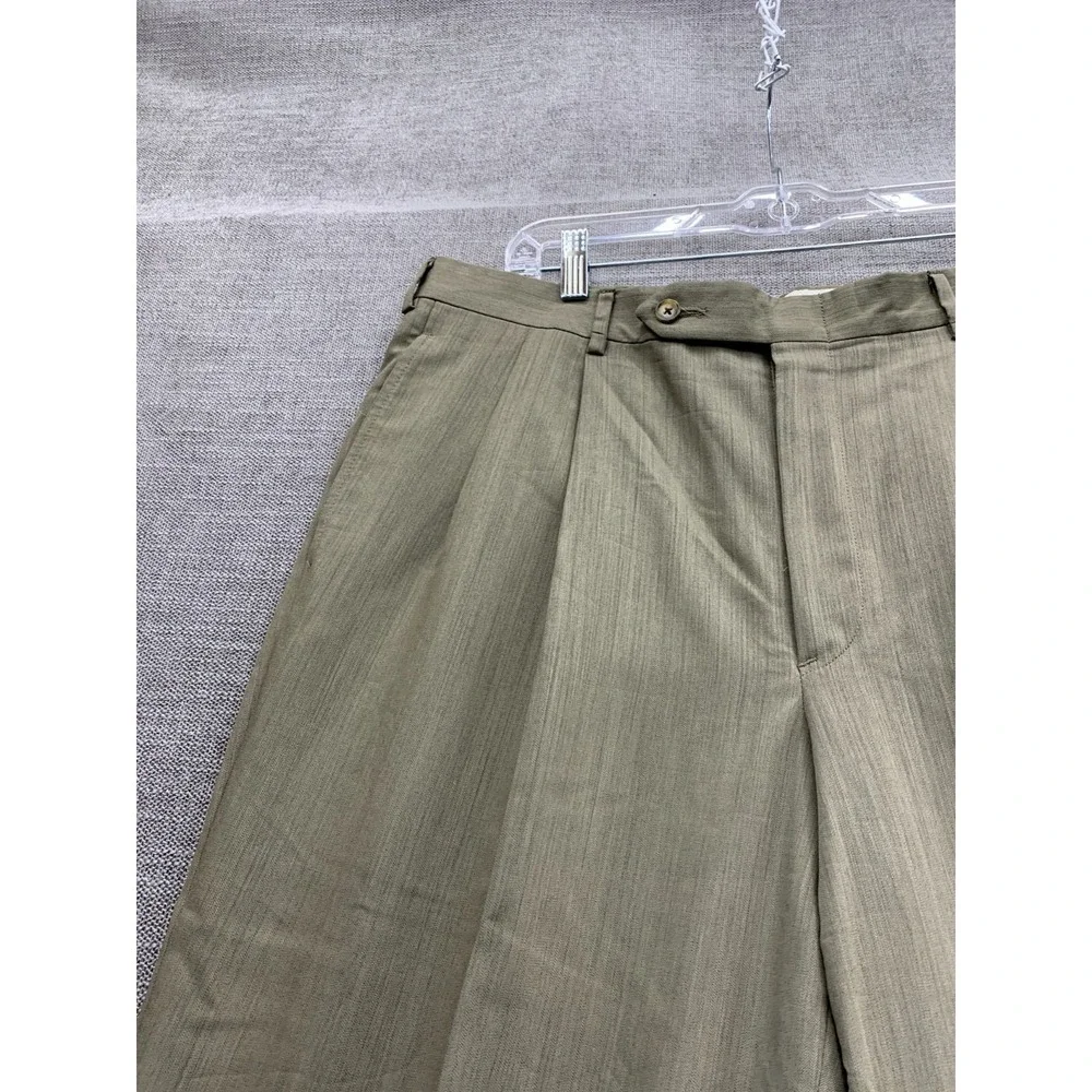 Corbin Dress Pants Mens 34 Green 150s Micro Merino Pleated Straight Leg Oxford